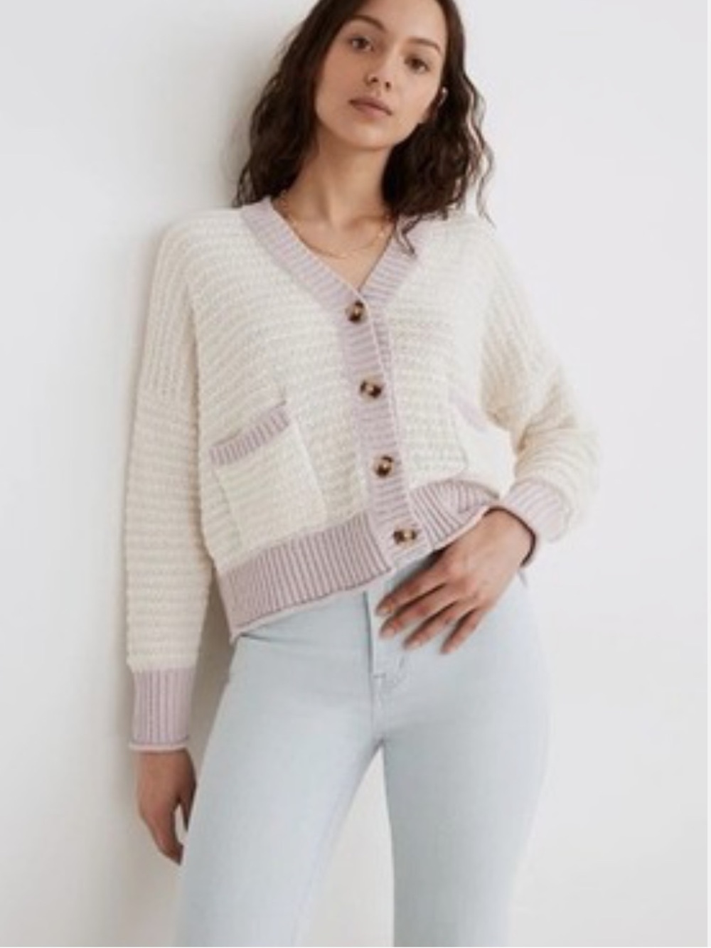Madewell Madewell Seabrook Cardigan Sweater Cream with Lavender Trim